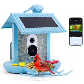 HiBirds Smart Bird Feeder avec caméra intégrée - Observatoire d'oiseaux intelligent bleu avec panneaux solaires