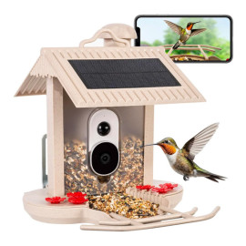 HiBirds Smart Bird Feeder avec caméra intégrée - Observatoire d'oiseaux intelligent beige avec panneaux solaires